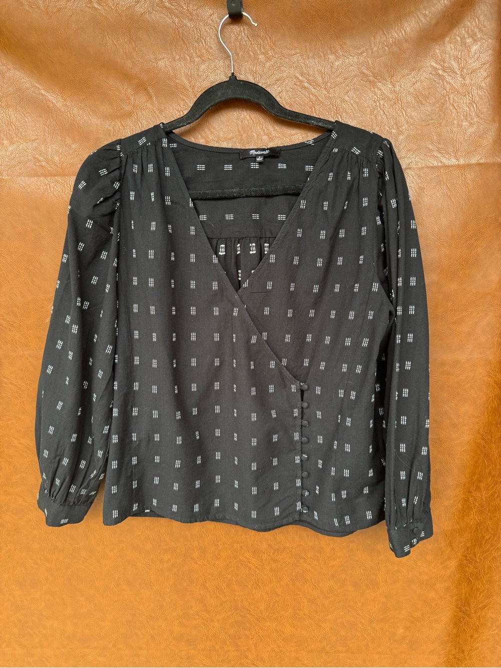 Madewell Womens S Black White Print Cotton Blouse Puff Sleeve Button Front Top